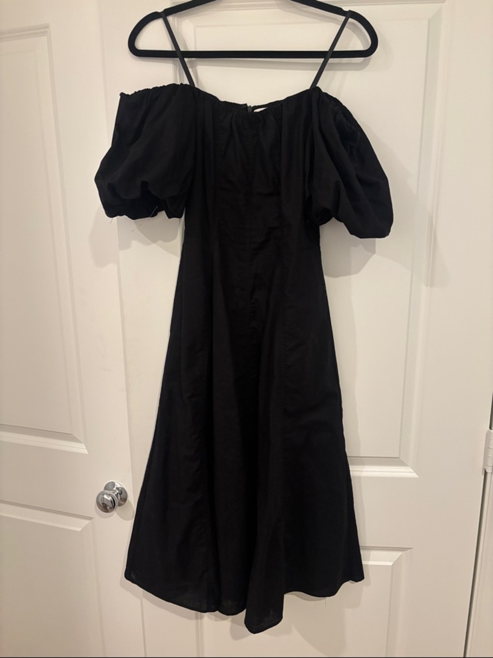 Black Off-Shoulder Puff Sleeve linen Midi Dress
